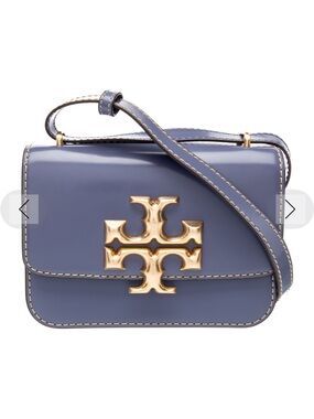 Tory Burch Blue Leather Shoulder Bag with Oversized Gold Logo